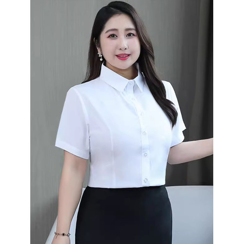 大碼胖mm短袖白襯衣女夏季職業工裝工作服半袖襯衫藍色200斤寸衫