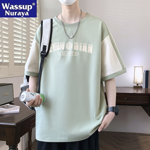 WASSUP NURAYA大碼短袖t恤男夏款拼接撞色半袖衫休閒青少年上衣服