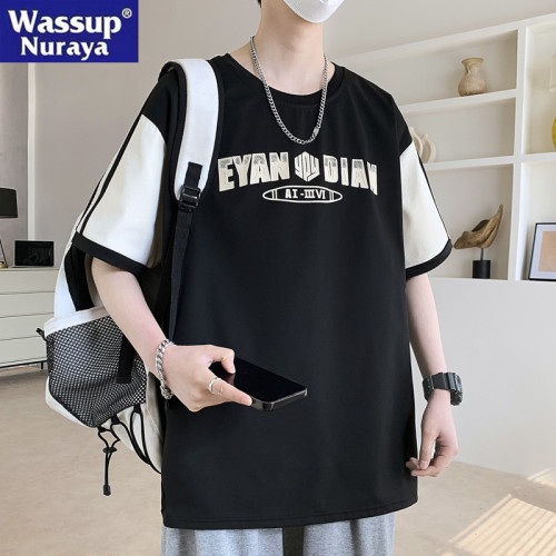 WASSUP NURAYA大碼短袖t恤男夏款拼接撞色半袖衫休閒青少年上衣服