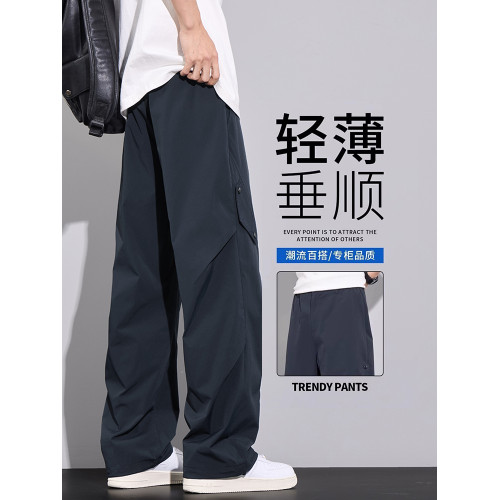 啄木鳥冰絲工裝褲男款夏季薄款2025新款寬松直筒褲濶腿休閒褲子K