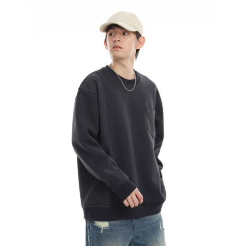 美式重磅深灰色衛衣男款2025春季潮牌針織拼接圓領寬松休閒內搭