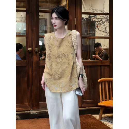 新中式國風女裝襯衫女夏款2025新款爆款夏季雪紡衫提花無袖上衣女