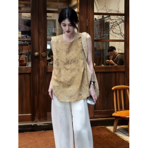 新中式國風女裝襯衫女夏款2025新款爆款夏季雪紡衫提花無袖上衣女