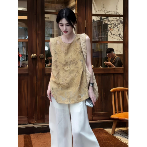 新中式國風女裝襯衫女夏款2025新款爆款夏季雪紡衫提花無袖上衣女