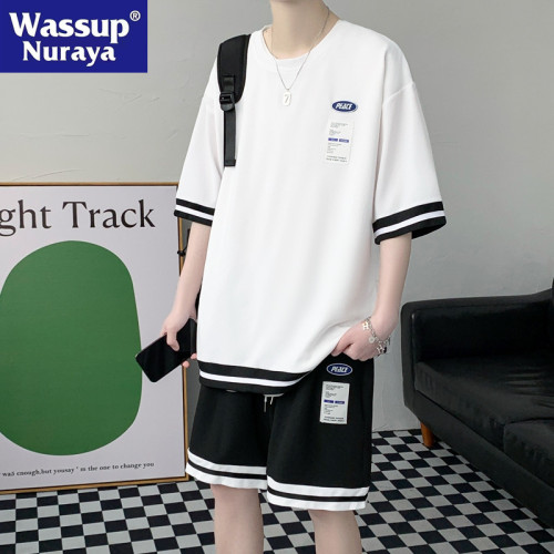 WASSUP NURAYA 冰絲短袖t恤男休閒運動套裝夏季青年夏天男生一套