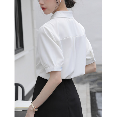 白色正肩短袖襯衫女2024法式高級氣質小個子上衣顯瘦面試正裝襯衣
