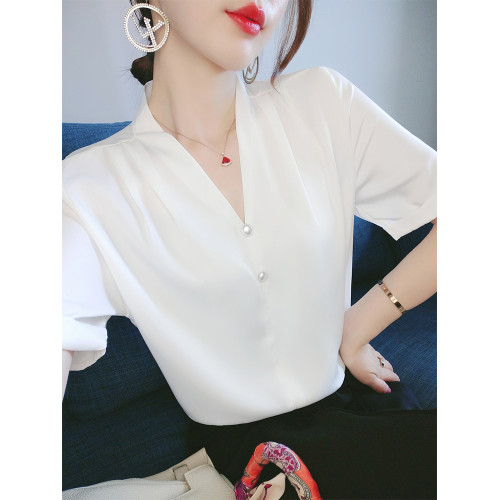 白色緞面雪紡襯衫女短袖夏裝大碼寬松設計感小衆內搭氣質襯衣上衣