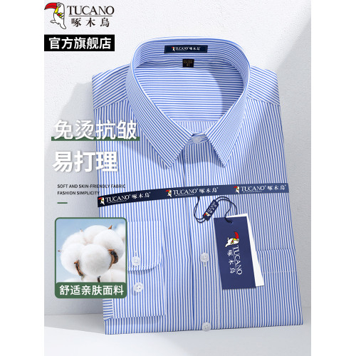 啄木鳥條紋男士襯衫長袖2025新款免燙抗皺中年爸爸商務正裝襯衣男