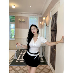 肉裝小cherry 甜系珍妮 100%萊賽爾微胖打攬V領蝴蝶結短袖襯衫夏