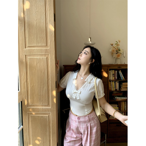 肉裝小cherry 甜系珍妮 100%萊賽爾微胖打攬V領蝴蝶結短袖襯衫夏