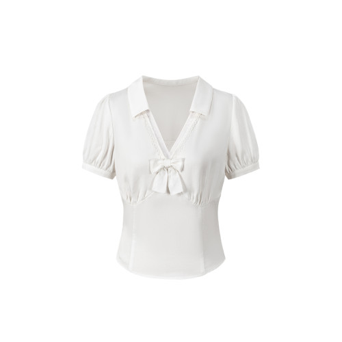 肉裝小cherry 甜系珍妮 100%萊賽爾微胖打攬V領蝴蝶結短袖襯衫夏