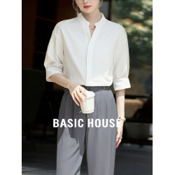Basic House/百家好法式白色立領短袖襯衫女夏季職業通勤中袖襯衣