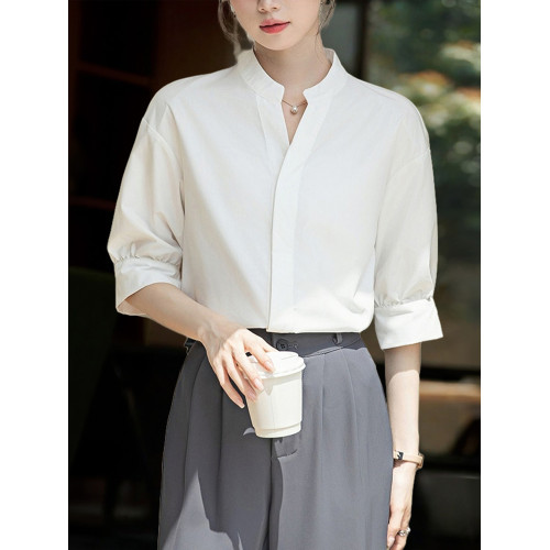 Basic House/百家好法式白色立領短袖襯衫女夏季職業通勤中袖襯衣