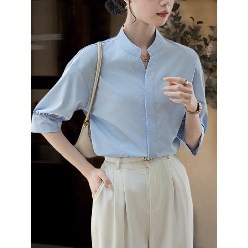 Basic House/百家好法式白色立領短袖襯衫女夏季職業通勤中袖襯衣