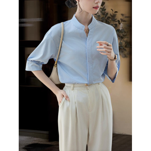Basic House/百家好法式白色立領短袖襯衫女夏季職業通勤中袖襯衣