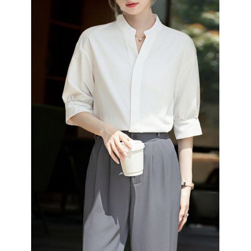 Basic House/百家好法式白色立領短袖襯衫女夏季職業通勤中袖襯衣