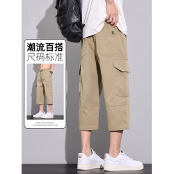啄木鳥七分褲子男夏季薄款冰絲工裝寬松直筒休閒多口袋運動短褲K