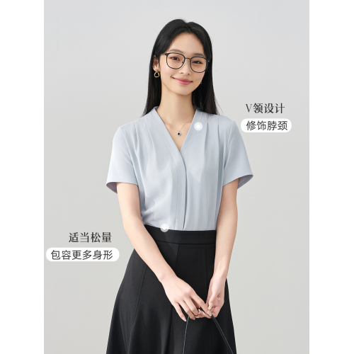 伯德小姐白色v領短袖襯衫女夏新款職業正裝上衣教資面試穿搭襯衣
