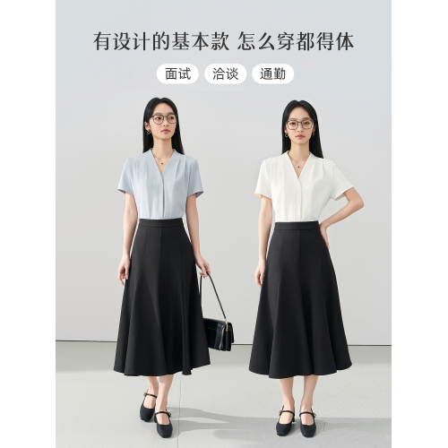 伯德小姐白色v領短袖襯衫女夏新款職業正裝上衣教資面試穿搭襯衣