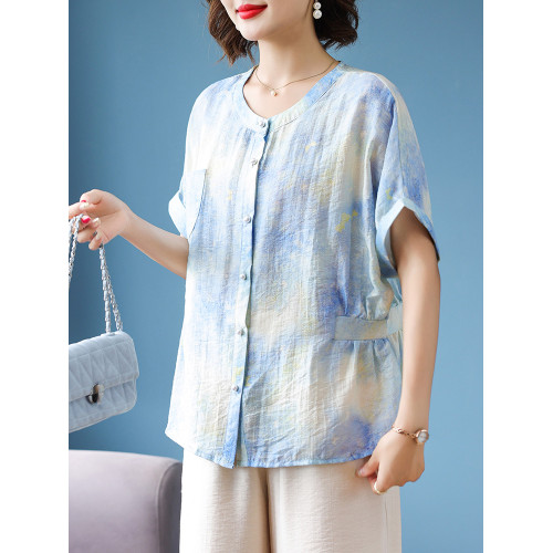 媽媽夏季洋氣棉麻上衣服中年女裝夏裝2025新款中老年棉綢短袖襯衫