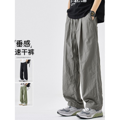 美式速乾冰絲運動褲子男款寬松直筒2025夏季薄款休閒濶腿男生長褲