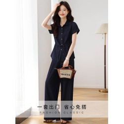 時尚套裝女夏季2025新款休閒氣質高級感減齡短袖襯衫濶腿褲兩件套