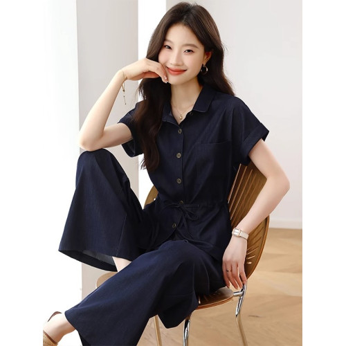 時尚套裝女夏季2025新款休閒氣質高級感減齡短袖襯衫濶腿褲兩件套