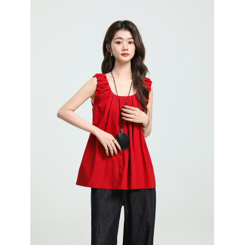 紅色背心襯衫女款夏季2025新款小個子法式寬松襯衣娃娃衫無袖上衣 紅色背心襯衫女款夏季2025新款小個子法式寬松襯衣娃娃衫無袖上衣