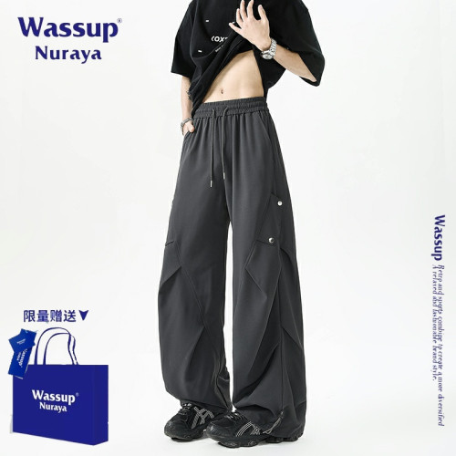 WASSUP NURAYA美式潮牌褶皺工裝褲男夏季新款休閒寬松直筒休閒褲
