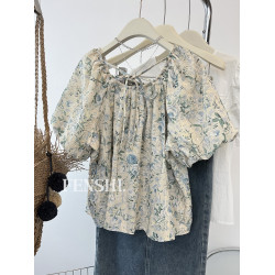 韓系chic甜美減齡洋氣油畫碎花露肩一字領泡泡袖襯衫上衣女寬松夏