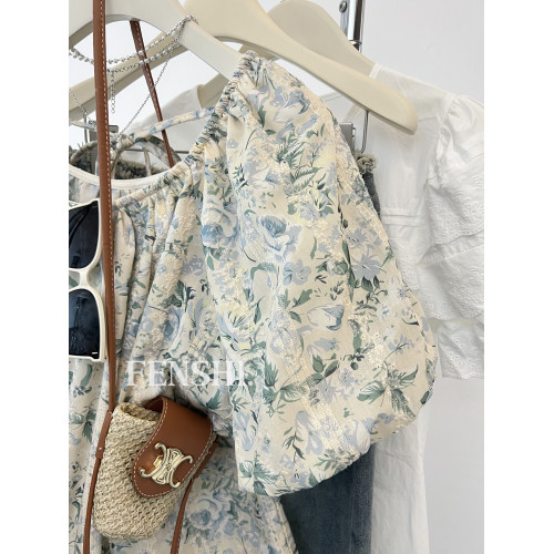 韓系chic甜美減齡洋氣油畫碎花露肩一字領泡泡袖襯衫上衣女寬松夏