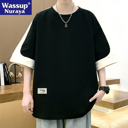 WASSUP NURAYA撞色圓領短袖T恤男生夏新款青年寬松休閒半袖體恤衫