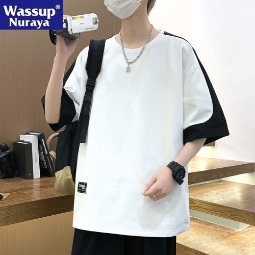 WASSUP NURAYA撞色圓領短袖T恤男生夏新款青年寬松休閒半袖體恤衫