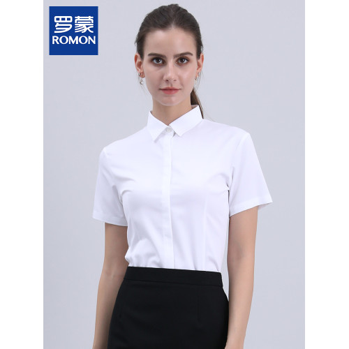 羅矇方領白襯衫女短袖夏竹纖維氣質職業正裝通勤工作服免燙藍襯衣