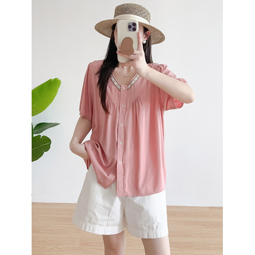 棉綢襯衫女士2025年夏季韓版薄款寬松顯瘦V領開衫上衣人造棉T恤衫