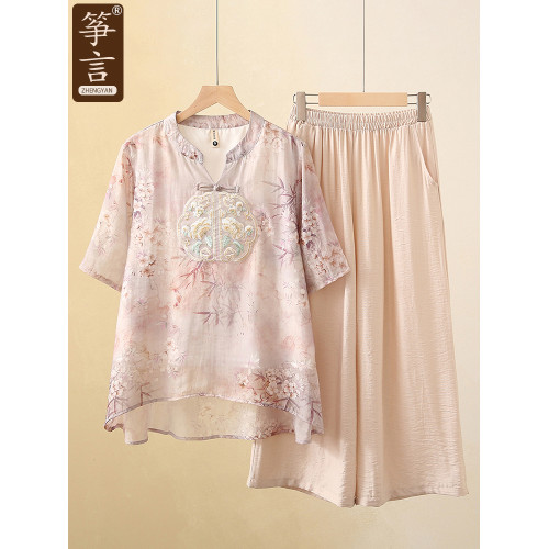 媽媽夏季套裝2025新款棉麻洋氣兩件套衣服中老年女裝氣質短袖t恤
