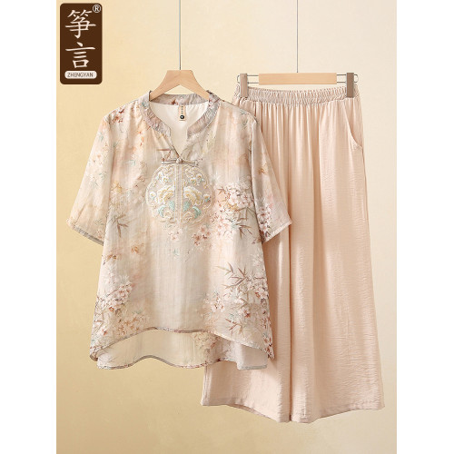 媽媽夏季套裝2025新款棉麻洋氣兩件套衣服中老年女裝氣質短袖t恤