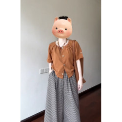 日系氣質襯衫寬松小衫+格子濶腿裙褲百搭套裝女一整套兩件套爆款