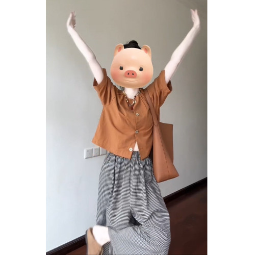 日系氣質襯衫寬松小衫+格子濶腿裙褲百搭套裝女一整套兩件套爆款