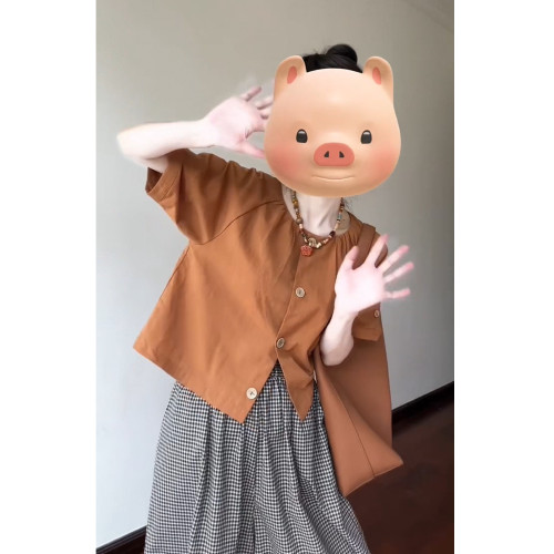日系氣質襯衫寬松小衫+格子濶腿裙褲百搭套裝女一整套兩件套爆款