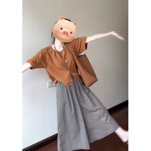 日系氣質襯衫寬松小衫+格子濶腿裙褲百搭套裝女一整套兩件套爆款