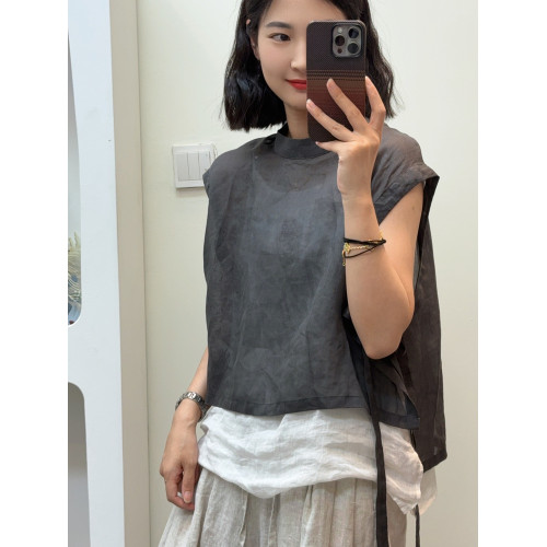 羽翎】夏季苧麻飄帶清涼簡約風女士背心襯衫 84301