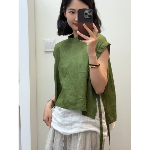 羽翎】夏季苧麻飄帶清涼簡約風女士背心襯衫 84301
