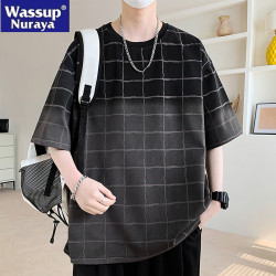 WASSUP NURAYA短袖t恤男夏季格子漸變圓領體恤衫寬松休閒青年上衣