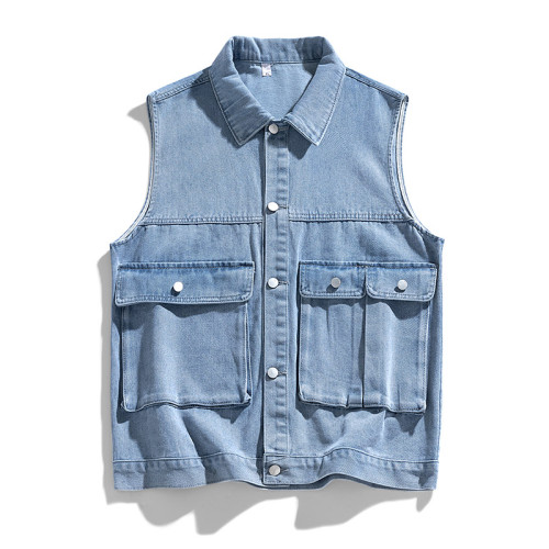 WASSUP Nuraya潮牌棉質牛仔馬甲男秋季寬鬆無袖坎肩背心青年外套