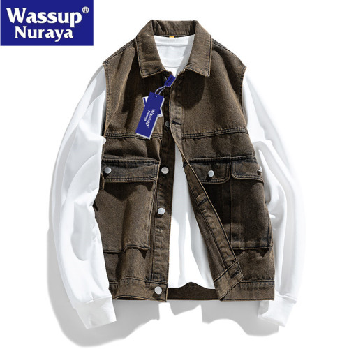 WASSUP Nuraya潮牌棉質牛仔馬甲男秋季寬鬆無袖坎肩背心青年外套