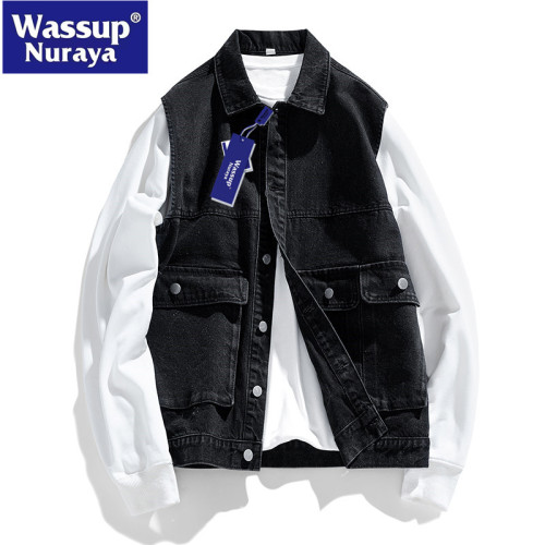 WASSUP Nuraya潮牌棉質牛仔馬甲男秋季寬鬆無袖坎肩背心青年外套