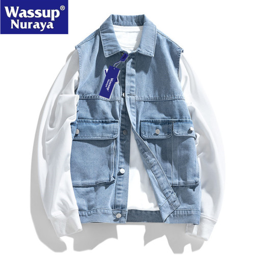 WASSUP Nuraya潮牌棉質牛仔馬甲男秋季寬鬆無袖坎肩背心青年外套