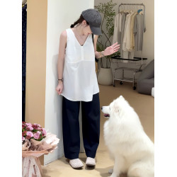小衆v領褶皺無袖背心襯衫女2025夏季新款寬松設計感棉麻小衫上衣