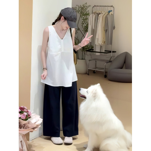小衆v領褶皺無袖背心襯衫女2025夏季新款寬松設計感棉麻小衫上衣